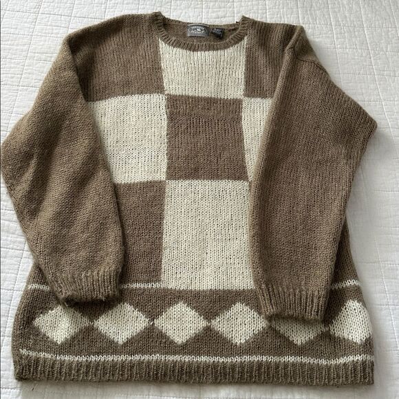 VTG Designers Originals Women’s L Mohair Blend Sweater Brown Beige Block Plaid - Picture 10 of 10